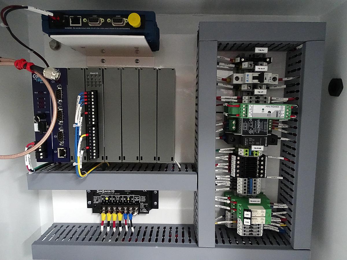 PLC rack panel with I/O modules, breakers and terminal blocks